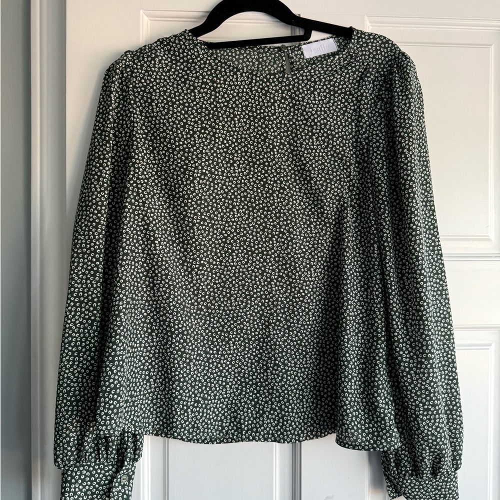 Isalis Womens Top Printed Puff Sleeve Silky Green Career Blouse Keyhole Neckline